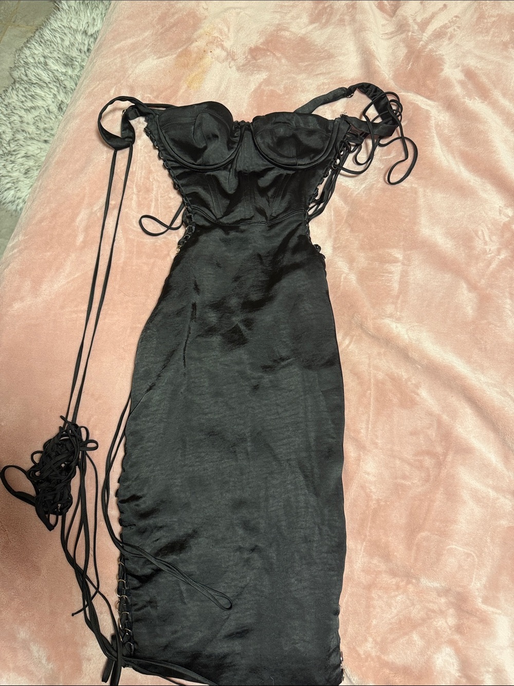 House of CB Black Satin Lace-Up Mini Dress